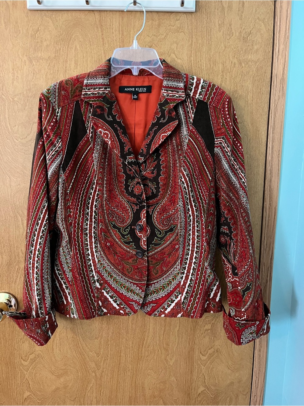 Anne Klein New York Brown Orange Paisley Women Lined Vintage Jacket Size 10 EUC